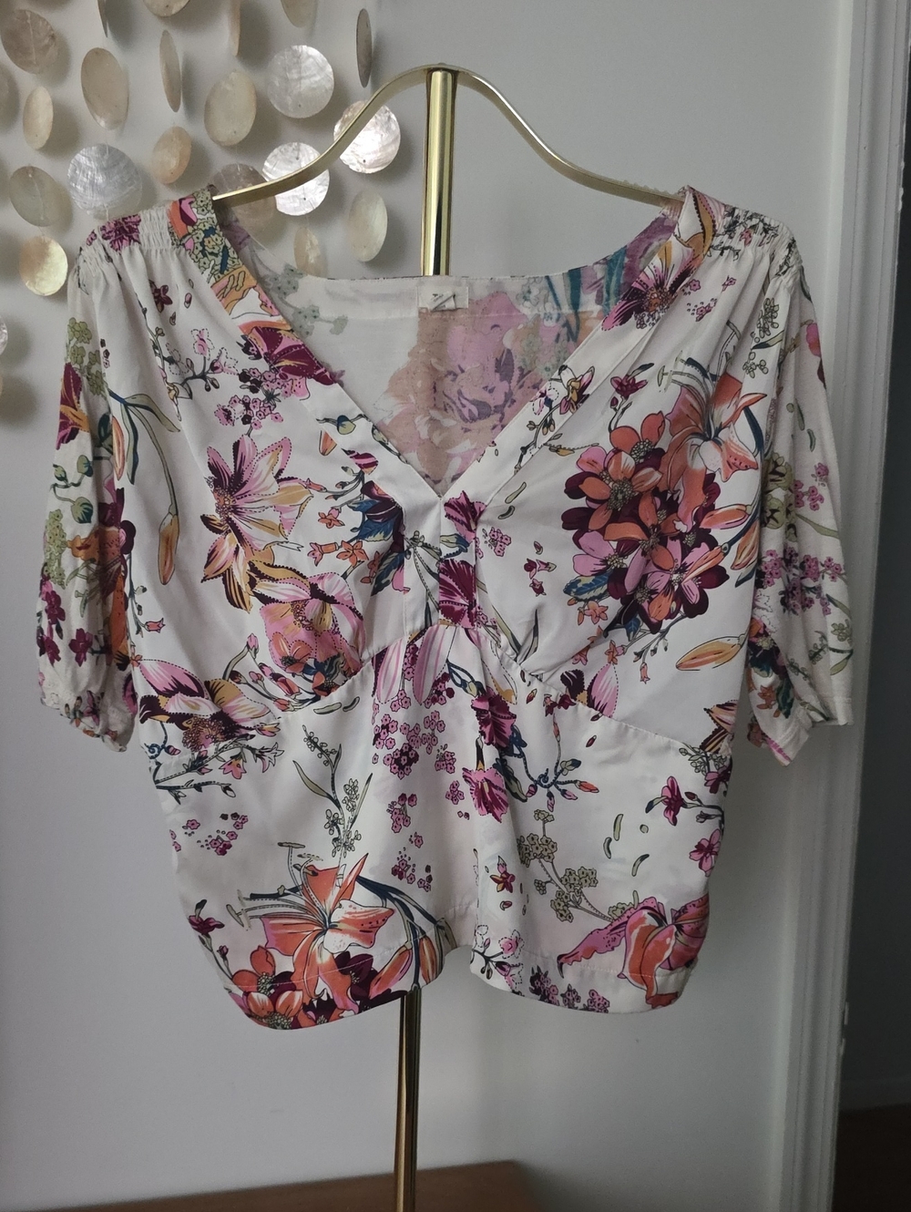 Floral V-Neck Women’s Blouse in White and Pink